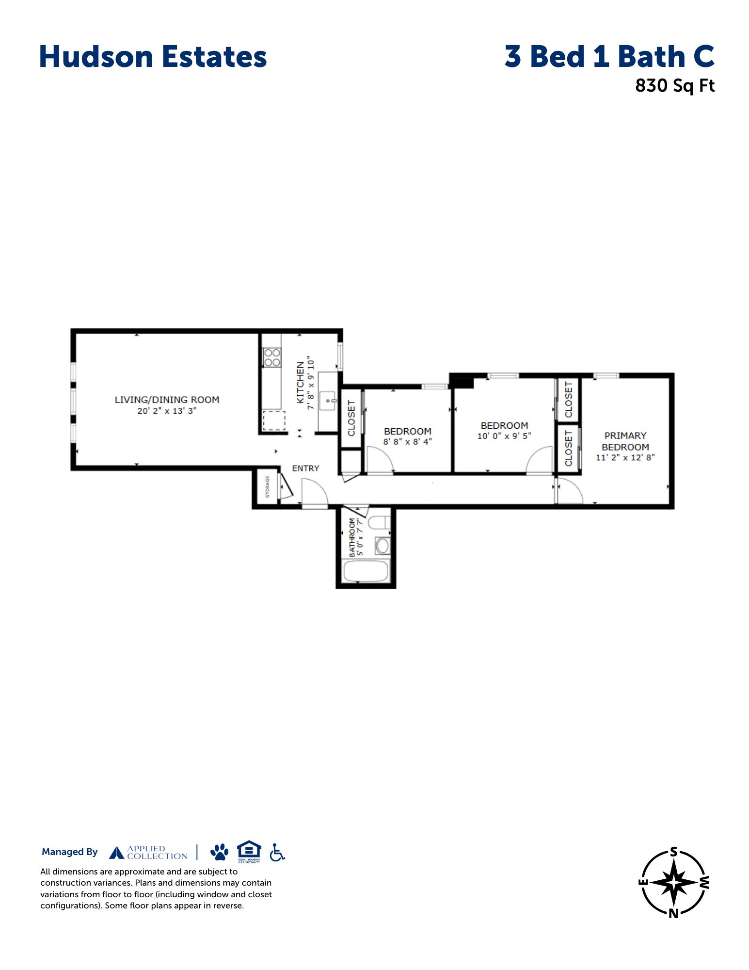 Floor plan for 3 beds, 1 bath, 830 sqft